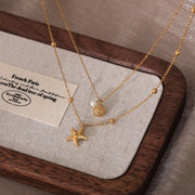 N085 Twin Chain Necklace with Starfish, Shell & Pearl Charms
