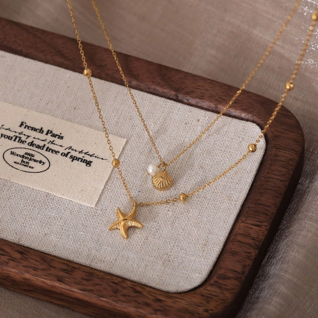 N085 Twin Chain Necklace with Starfish, Shell & Pearl Charms
