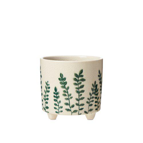 White stoneware pot with green leaf decoartion. 12x11 cm 