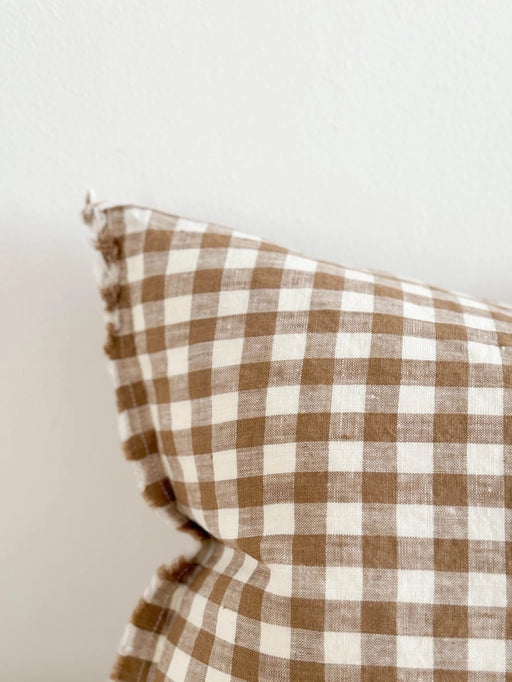 Fringed Linen Cushion 50x30 Brown Gingham - Esmee