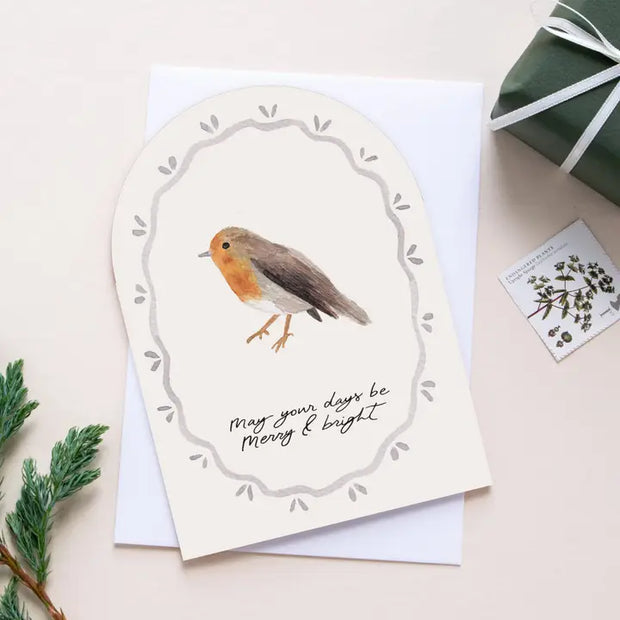 'Merry & Bright ' Robin Arch Shape Christmas Card