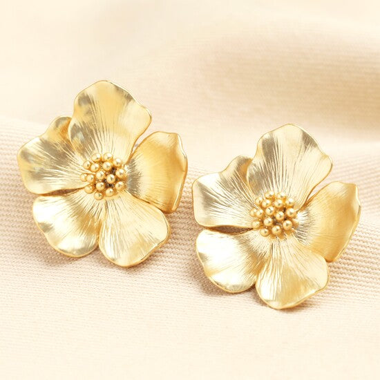 E106 Large Gold Flower Stud Earrings