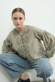 Denim Embroidery Volume Sleeve Blouse Top