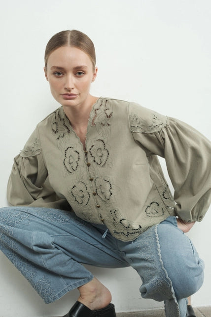 Denim Embroidery Volume Sleeve Blouse Top