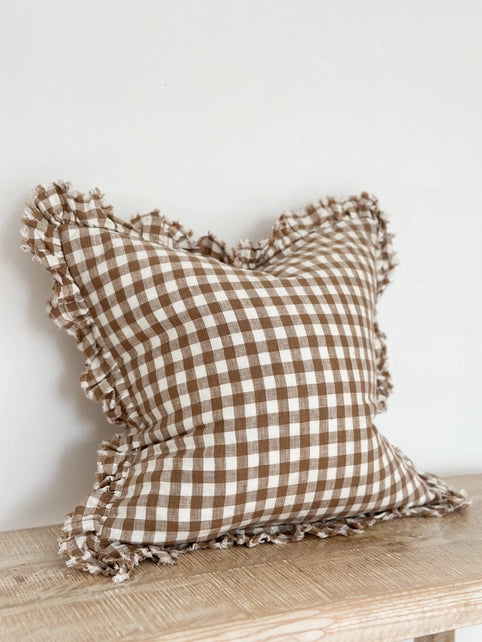 Hallie Ruffled Linen Cushion Cover Brown Gingham