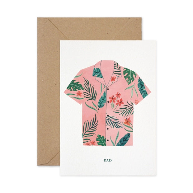 Paper Parade Illustrated greetings card with Hawaiian shirt design. Reading "DAD" on the front. Blank inside for your own message.