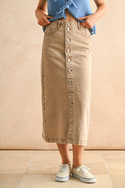 Button Front Washed Brown Skirt