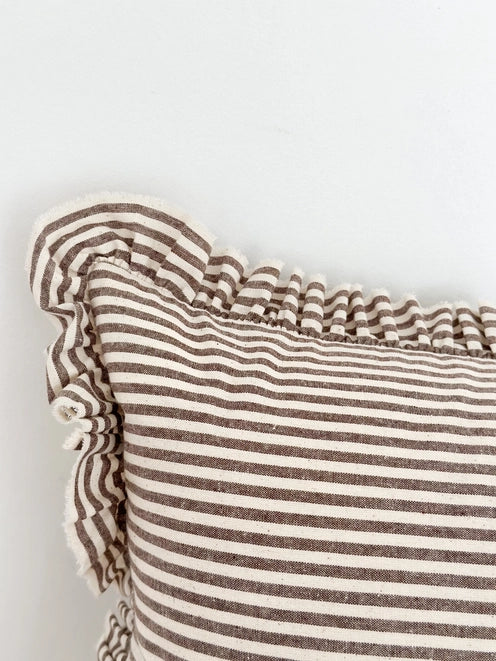 Dark Brown Striped Ruffle Cotton Cushion 50x30cm  – Darcy