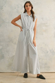 Striped Pattern Jumpsuit With Button Down