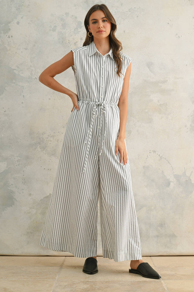 Striped Pattern Jumpsuit With Button Down