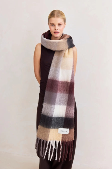 model wearing The Reykjavik Scarf - 100% Recycled - plaid Purple/Brown
