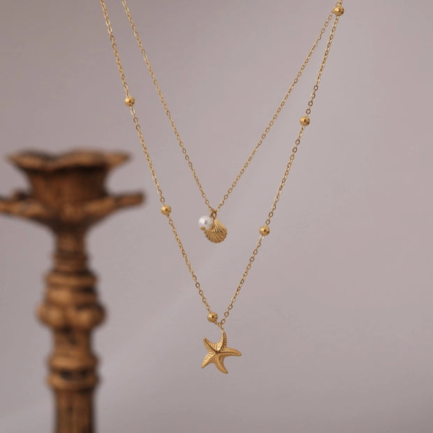 Twin Chain Necklace with Starfish, Shell & Pearl Charms, Last True Angel