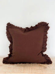 Hallie Ruffled Linen Cushion  – Dark Brown