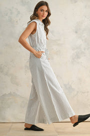 Striped Pattern Jumpsuit With Button Down