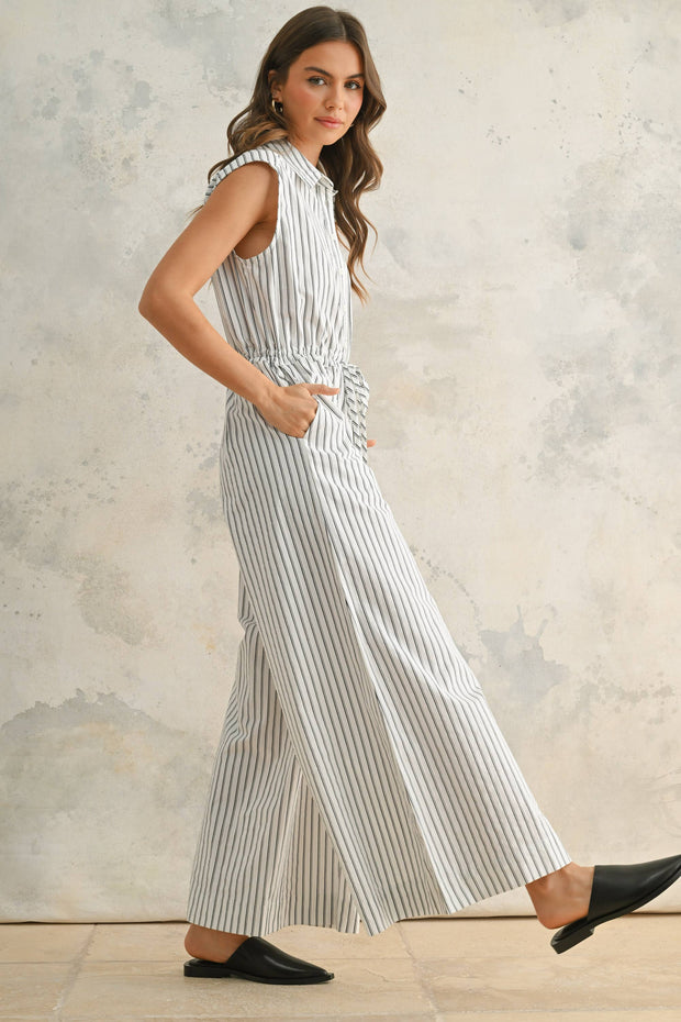 Striped Pattern Jumpsuit With Button Down