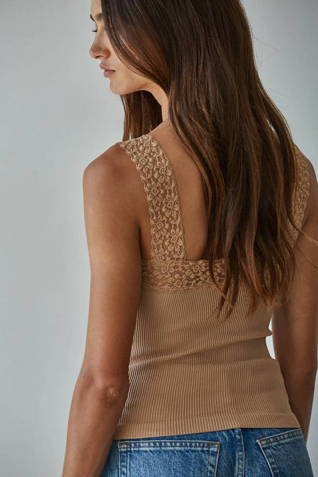 Cropped Knit Seamless Ribbed Tank Top with Lace Trim