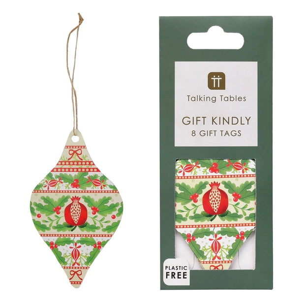 Folklore gift tags feature our holly and pomegranate print in the  shape of a Christmas bauble. Talking Tables