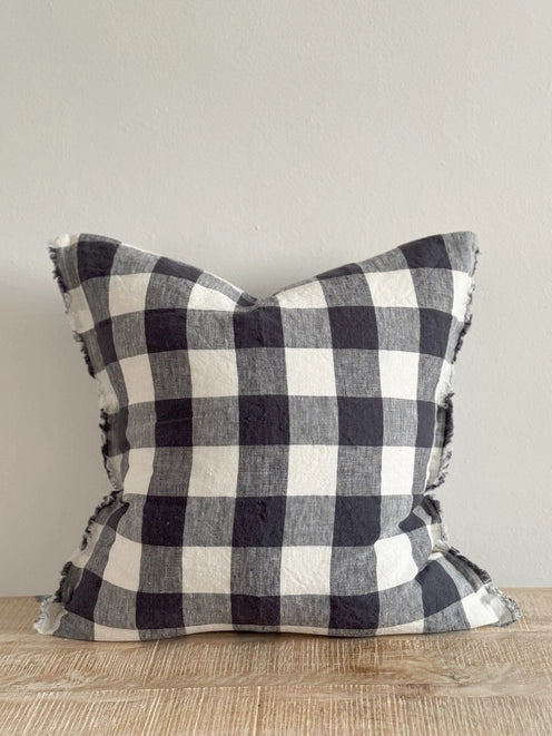 Navy & Cream Check Fringed Linen Cushion, 45x45cm. Ellenvale Interiors