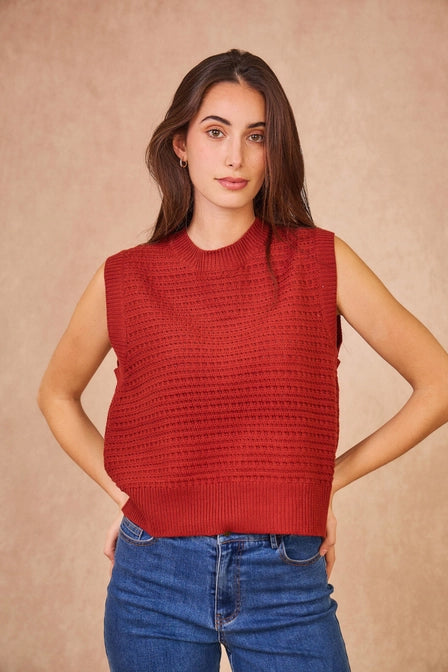 Miranda- Sleeveless Knit Brick Red Top