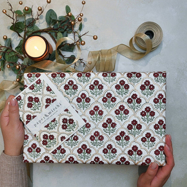 Block Printed Wrapping Paper Sheets - BP Trellis Cherry