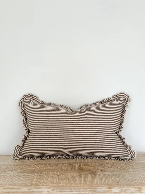 Darcy Ruffle Cotton Cushion 50x30cm  – Dark Brown Stripe, Ellenvale Interiors