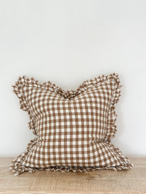 Hallie Ruffled Linen Cushion Cover Brown Gingham