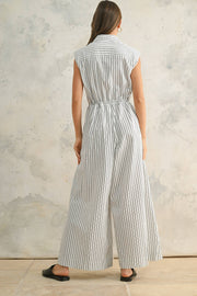 Striped Pattern Jumpsuit With Button Down