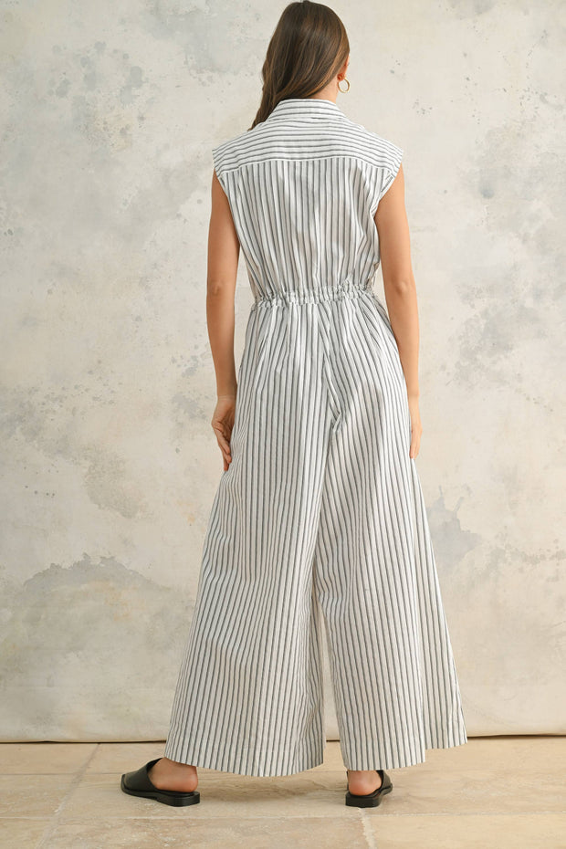 Striped Pattern Jumpsuit With Button Down