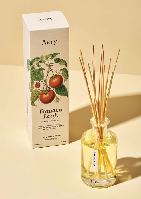 Aery Tomato Leaf diffuser with packaging on a beige background
