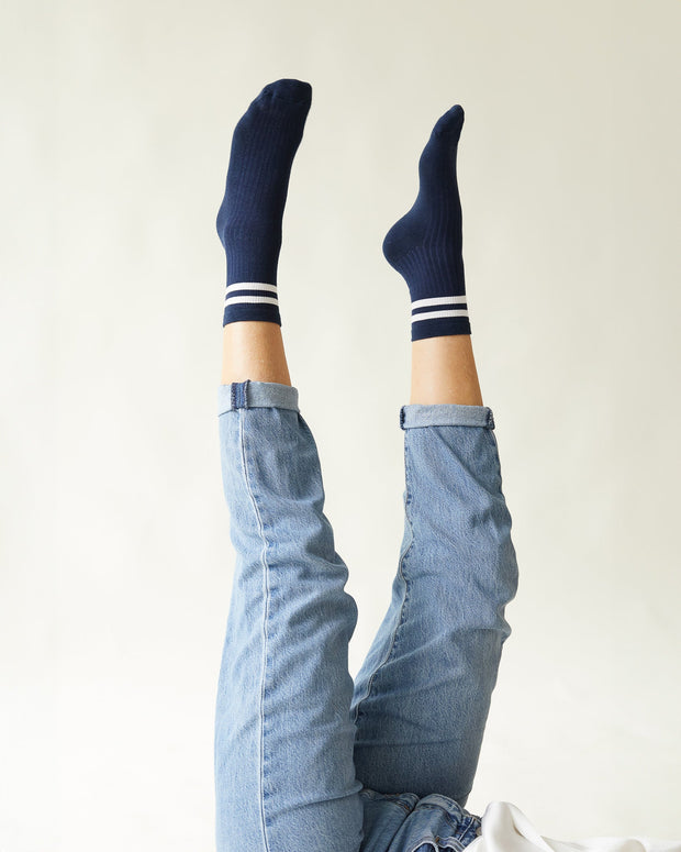 model wearing Navy Bamboo Ankle Sock