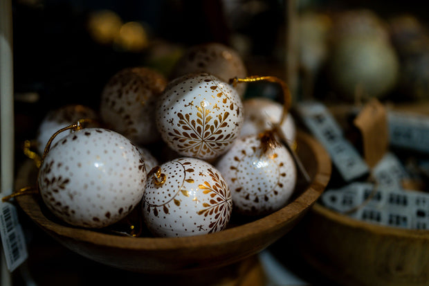 White Paper-Mache Snowflake Baubles in wooden bowl - From Victoria Shop