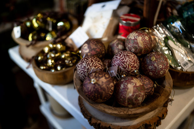 Delight Burgundy Christmas Bauble Ornaments in wooden bowl - From Victoria Shop