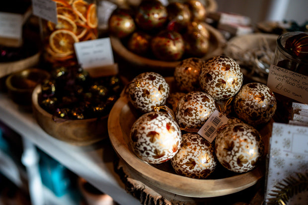 Gold crackle Paper-Mache Baubles in wooden bowl - From Victoria Shop