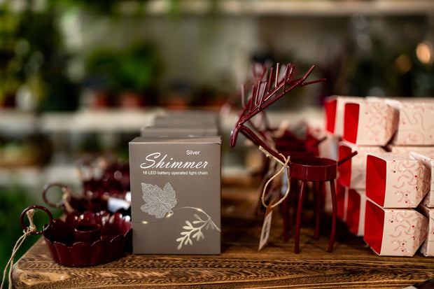 OH DEER Burgundy Tea-light holder on wooden bench- From Victoria Shop