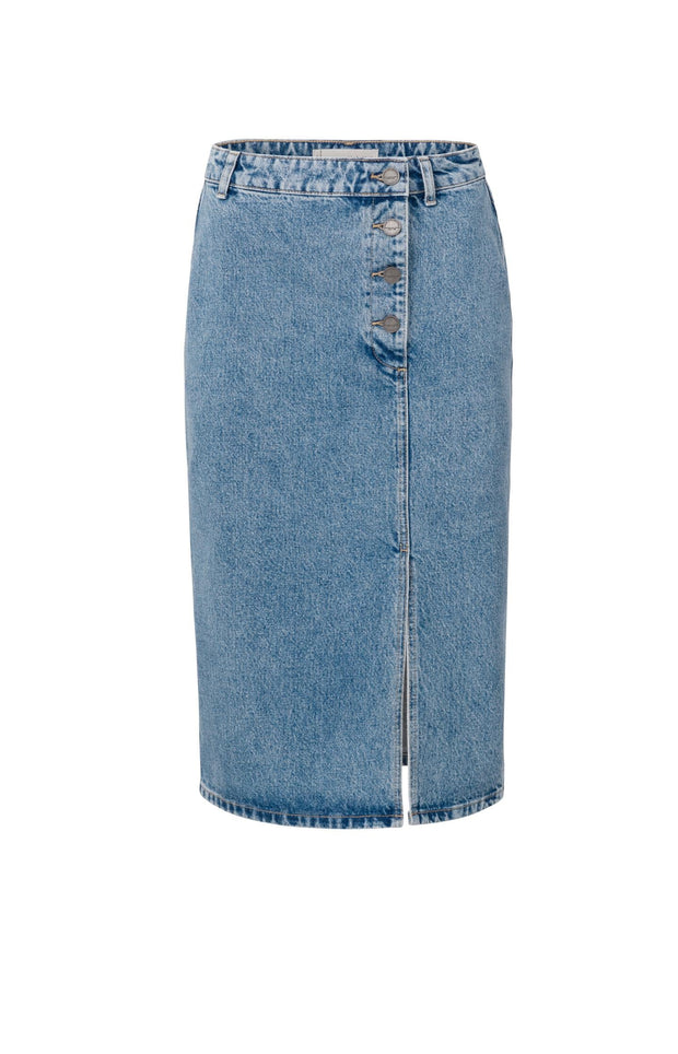 Product shot of denim midi skirt with buttons