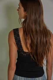 Cropped Knit Seamless Ribbed Tank Top with Lace Trim