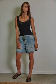 Cropped Knit Seamless Ribbed Tank Top with Lace Trim