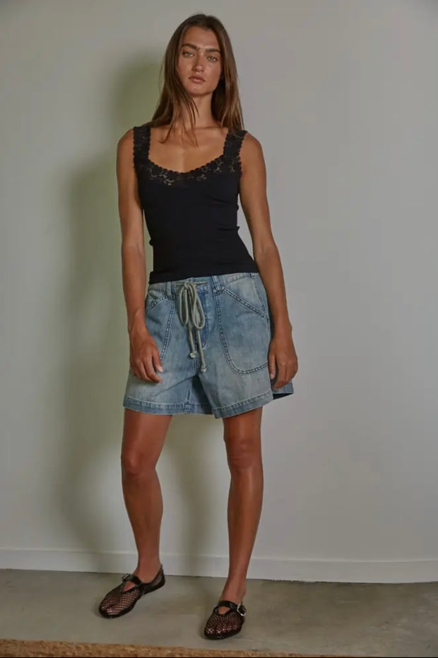 Cropped Knit Seamless Ribbed Tank Top with Lace Trim