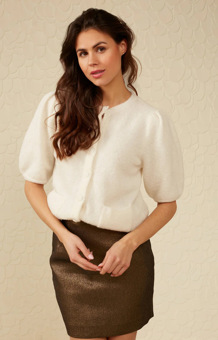 White Cardigan with Short Puff Sleeves