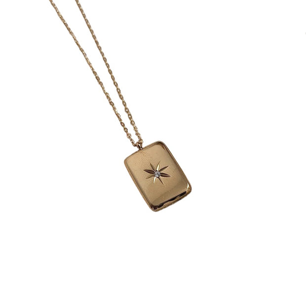 N025 18k Gold Plated Solid Star Embossed Pendant Necklace- Rectangle