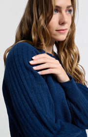 Soft Ribbed Navy Blue Sweater with Round Neck