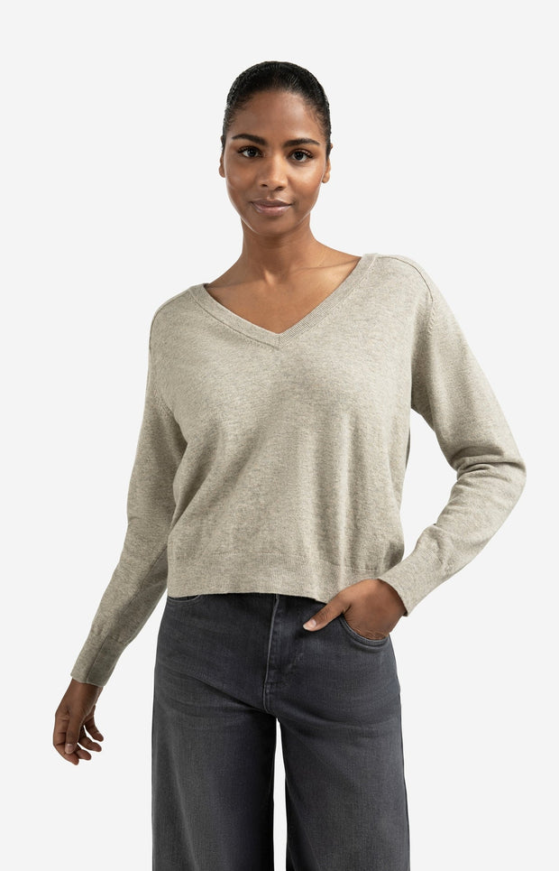 Double V-neck sweater with back button detail
