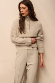 Fluffy cropped sweater with stand-up collar and buttons