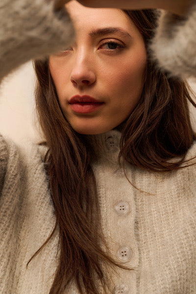 Fluffy cropped sweater with stand-up collar and buttons