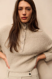 Fluffy cropped sweater with stand-up collar and buttons