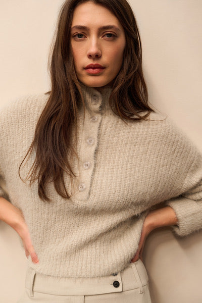 Fluffy cropped sweater with stand-up collar and buttons