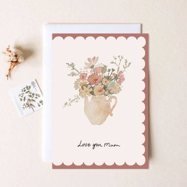 Pretty hand illustrated A6 greeting card printed on luxury FSC 'kind to the forest' card. Featuring a stunning vase of flowers, reading "Love you Mum". Hidden Pearl Studio