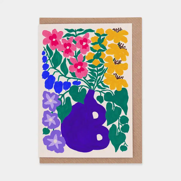 Liv Lee illustrated card of purple vase and yellow, purple, pink and yellow flowers. 