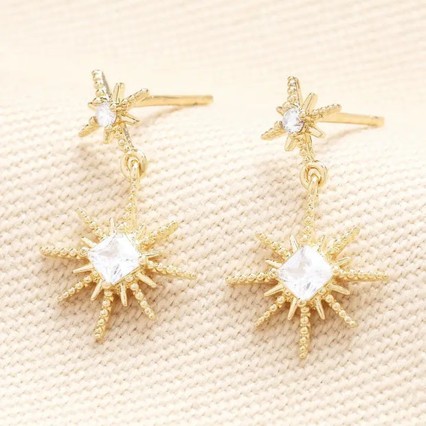 Crystal Double Star Drop Earrings in Gold