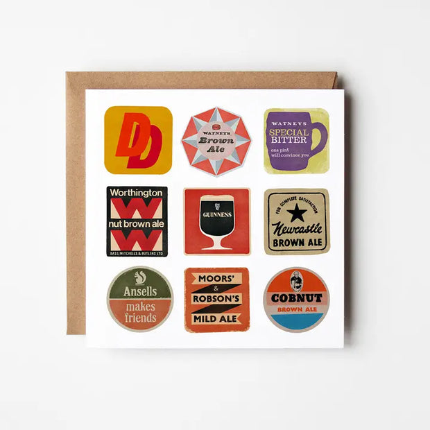 Square card features 'Beer Mats' original illustrations and depicts a collection of vintage beer mats. Blank inside.